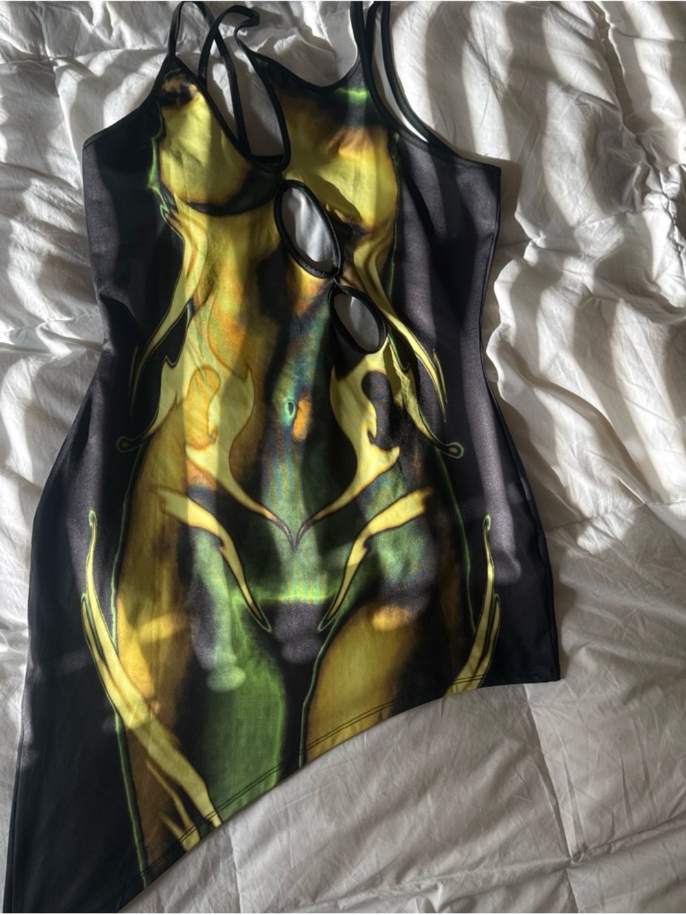 Cutout Strappy Mini Dress in Yellow-Green Print